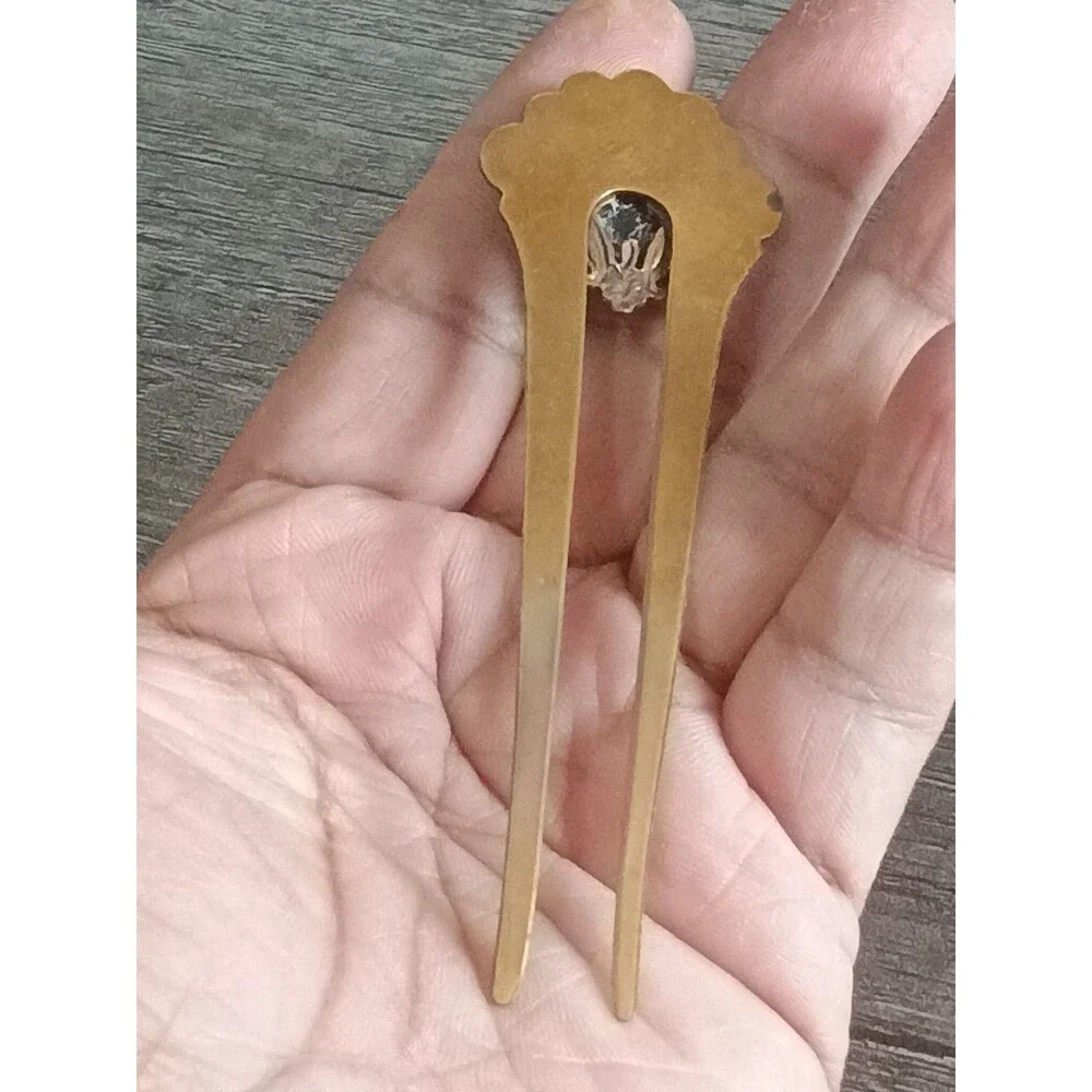 Victorian Edwardian Carnelian Glass Intaglio Gold Tone Antique Hair Pin Fork